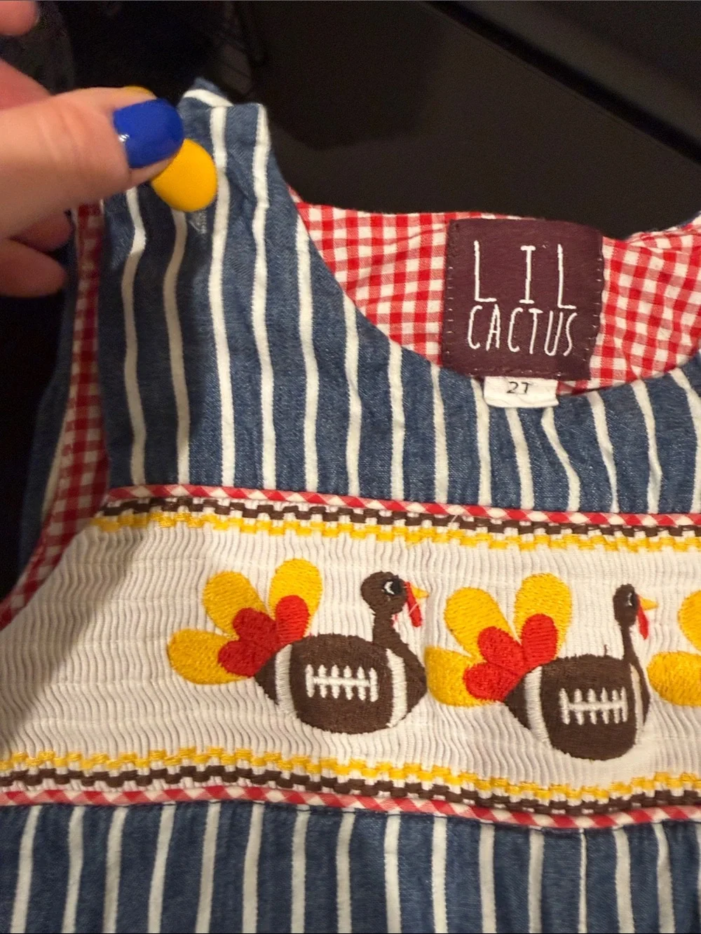Lil Cactus Navy White Striped overalls Turkey Football Fall Smocking